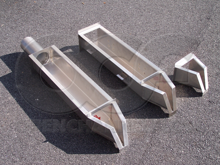 stainless steel hs flume with:  approach section and pipe stub (left), approach section (center), and no accessories (right)