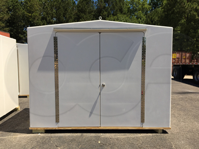 10 x 8 fiberglass equipment shelter manufactured by Openchannelflow with doors mounted with piano hinges