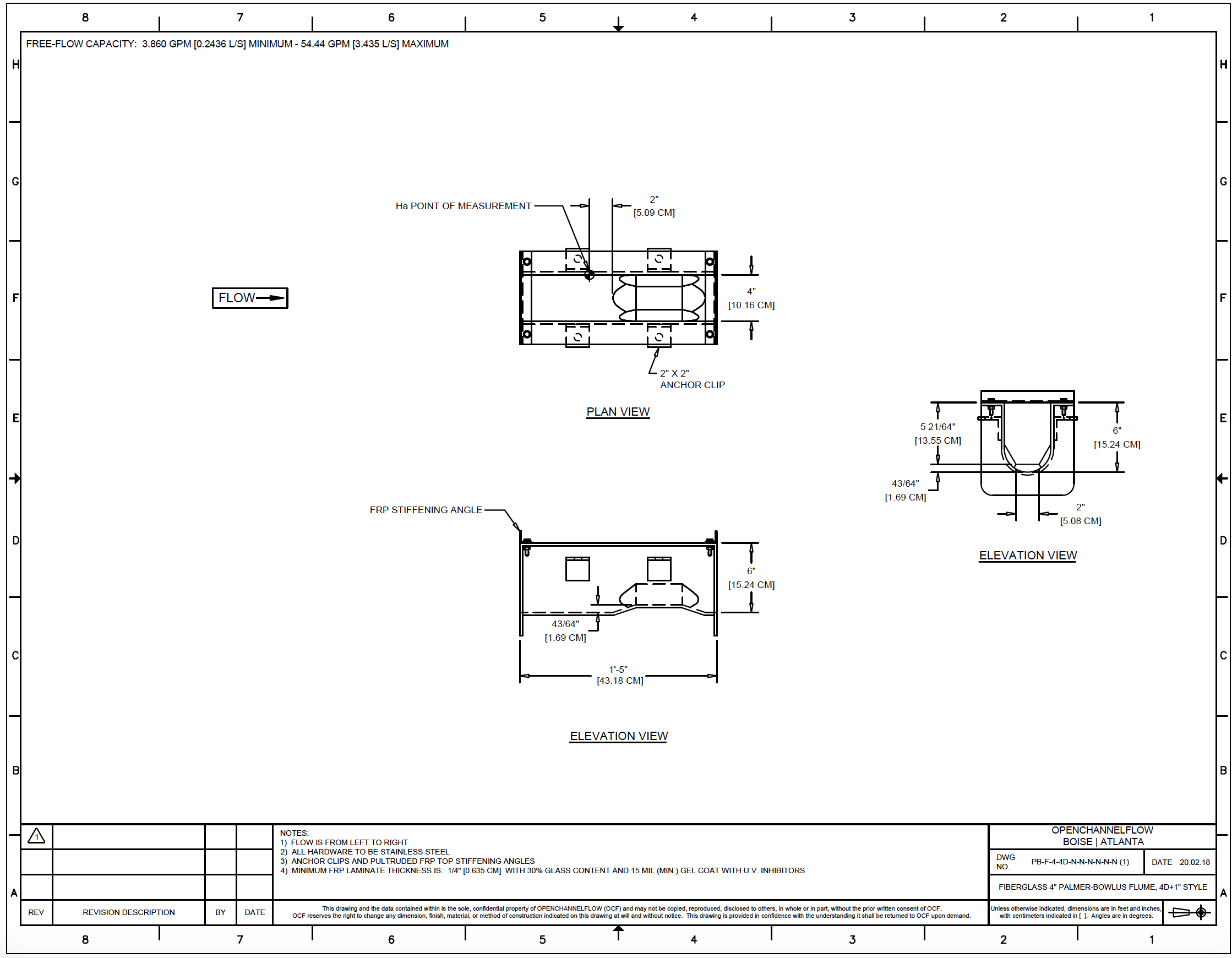 dimensional drawing of a fiberglass permanent style 4-inch Palmer Bowlus Flume