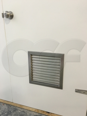 close up of a fixed door vent on an Openchannelflow fiberglass equipment shelter