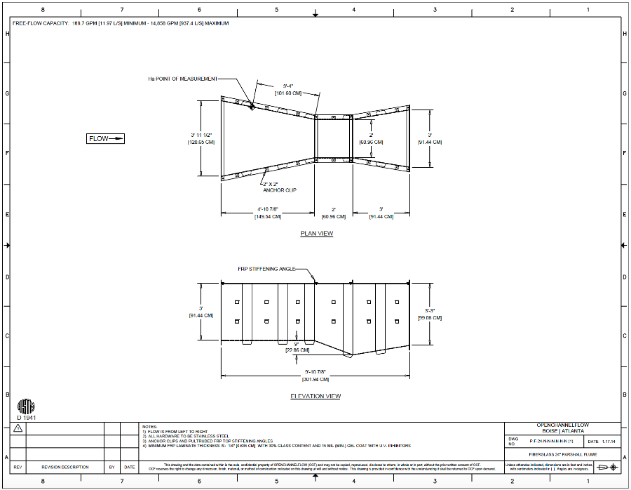dimensional drawing of a fiberglass 24-inch Parshall flume