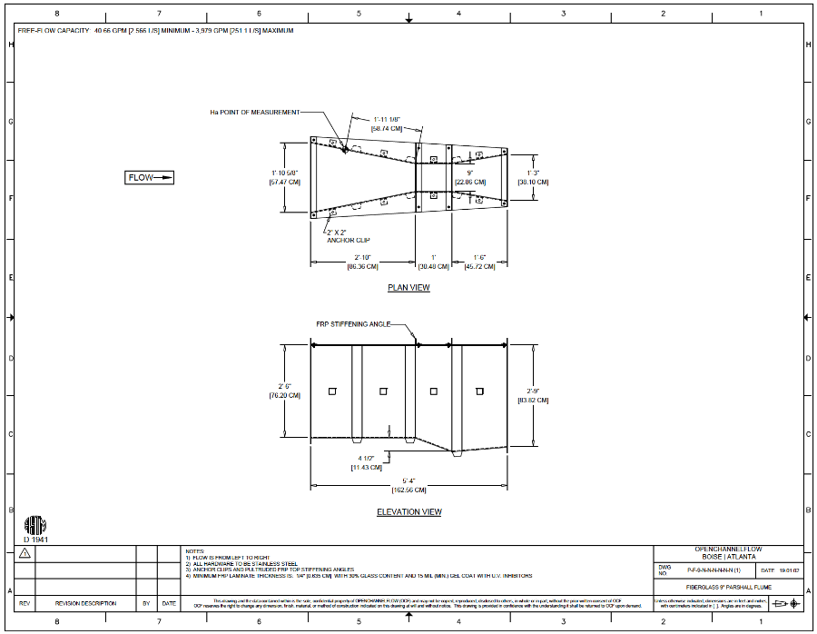 dimensional drawing of a fiberglass 9-inch Parshall flume