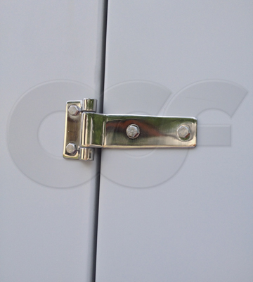 close up of a strap hinge mounting a door on an Openchannelflow fiberglass equipment shelter