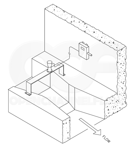 diagram of a fixed position (center mounted) ultrasonic bracket mounted over a Parshall flume
