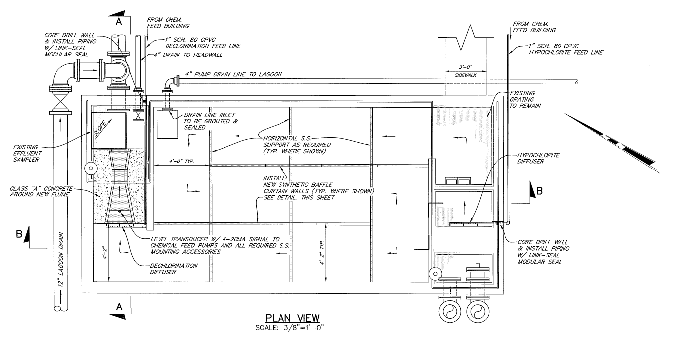 elevated parshall flume at the exit of a chlorine contact chamber