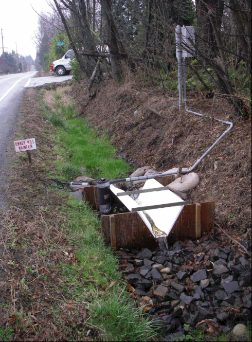 water quality monitoring in a roadside ditch using a fiberglass Trapezoidal flume