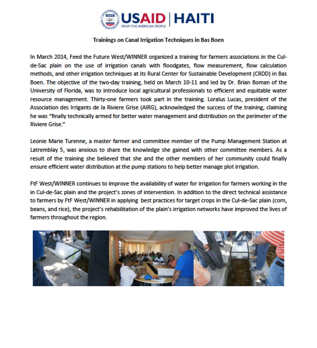 USAID | Haiti - Feed the Future West / WINNER - press release
