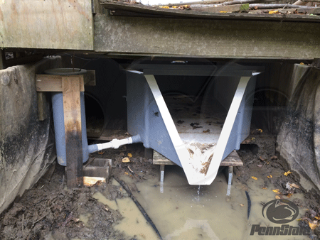 A fiberglass H flume from Openchannelflow measuring a watershed in Pennsylvania