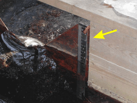 staff-head gauge mounted to weir face