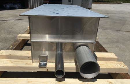 Stailess steel weir box with multiple pipe stubs